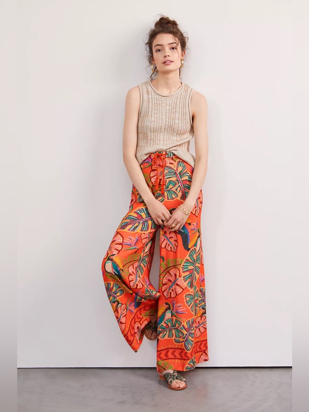 Farm Rio Birdie Wide-Leg Pants Wide-Leg Tropical Print Pants - Orange